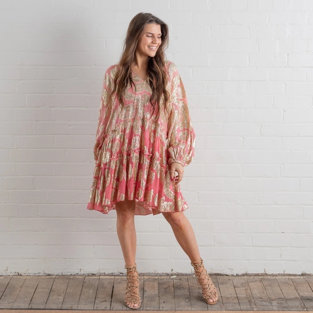 Miss June Paris pink & gold lurex Jodie dress – One Size